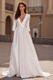 Ivory A Line V-Neck Long Wedding Dress