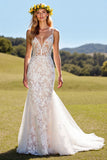 Lace Mermaid Ivory Spaghetti Straps Boho Wedding Dress