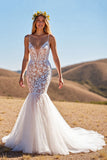 Mermaid Ivory Spaghetti Straps Lace Wedding Dress With Lace