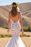 Mermaid Ivory Spaghetti Straps Lace Wedding Dress With Lace