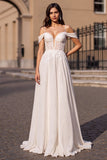 Ivory Cold Shoulder A Line Corset Boho Wedding Dress With Appliques