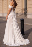 Ivory Cold Shoulder A Line Corset Boho Wedding Dress With Appliques