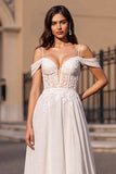 Ivory Cold Shoulder A Line Corset Boho Wedding Dress With Appliques
