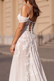 Ivory Cold Shoulder A Line Corset Boho Wedding Dress With Appliques