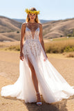 A Line Ivory Spaghetti Straps Boho Wedding Dress With Slit