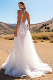A Line Ivory Spaghetti Straps Boho Wedding Dress With Slit