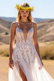 A Line Ivory Spaghetti Straps Boho Wedding Dress With Slit