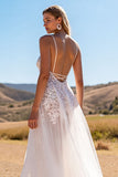 A Line Ivory Spaghetti Straps Boho Wedding Dress With Slit