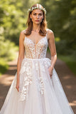 Ivory Spaghetti Straps Keyhole A line Wedding Dress With Appliques