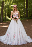 Ivory Spaghetti Straps Floral A Line Wedding Dress