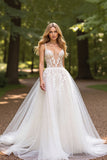 Tulle Ivory A line Spaghetti Straps Wedding Dress With Appliques