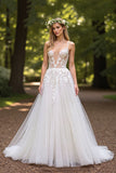Tulle Ivory A line Spaghetti Straps Wedding Dress With Appliques