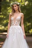 Tulle Ivory A line Spaghetti Straps Wedding Dress With Appliques