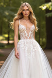 Tulle Ivory A line Spaghetti Straps Wedding Dress With Appliques