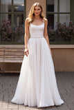 Spaghetti Straps Scoop Neck Ivory A line Wedding Dress