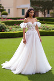 Ivory Corset Off The Shoulder A line Wedding Dress With Lace