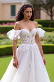 Ivory Corset Off The Shoulder A line Wedding Dress With Lace