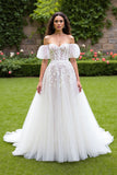 Off The Shoulder Corset A line Ivory Wedding Dress With Puff Sleeves