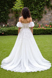 Off The Shoulder Corset A line Ivory Wedding Dress With Puff Sleeves