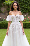 Off The Shoulder Corset A line Ivory Wedding Dress With Puff Sleeves