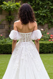 Off The Shoulder Corset A line Ivory Wedding Dress With Puff Sleeves