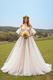 A line Off The Shoulder Apricot Wedding Dress With Appliques