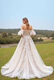 A line Off The Shoulder Apricot Wedding Dress With Appliques