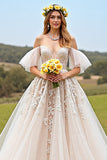 A line Off The Shoulder Apricot Wedding Dress With Appliques
