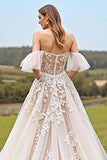 A line Off The Shoulder Apricot Wedding Dress With Appliques