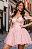 Blush Corset Tulle Short Homecoming Dress with Appliques