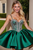 Sparkly Dark Green Satin Short Homecoming Dress with Rhinestones