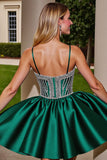 Sparkly Dark Green Satin Short Homecoming Dress with Rhinestones