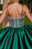 Sparkly Dark Green Satin Short Homecoming Dress with Rhinestones