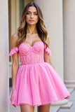 Ruffled Pink Corset Short Tulle Homecoming Dress with Appliques