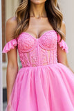 Ruffled Pink Corset Short Tulle Homecoming Dress with Appliques
