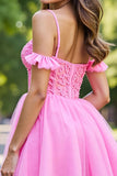 Ruffled Pink Corset Short Tulle Homecoming Dress with Appliques
