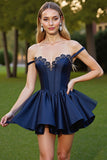 Satin Corset Navy Short Homecoming Dress with Appliques