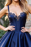 Satin Corset Navy Short Homecoming Dress with Appliques