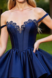Satin Corset Navy Short Homecoming Dress with Appliques