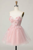 Pink Corset A Line Homecoming Dress with 3D Flowers