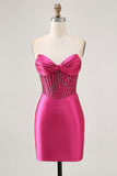 Strapless Fuchsia Corset Homecoming Dress with Beading