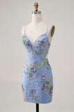 Floral Blue Appliqued Homecoming Dress with Sequins
