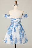 Printed White Blue Flower Off The Shoulder Homecoming Dress