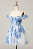 Printed White Blue Flower Off The Shoulder Homecoming Dress