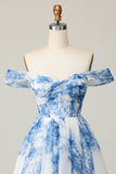 Printed White Blue Flower Off The Shoulder Homecoming Dress