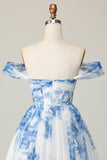 Printed White Blue Flower Off The Shoulder Homecoming Dress