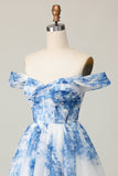 Printed White Blue Flower Off The Shoulder Homecoming Dress