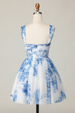 Printed White Blue Flower Off The Shoulder Homecoming Dress