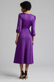 Plum Ruffled Satin A Line Midi Wedding Guest Dress