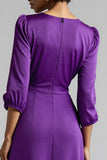 Plum Ruffled Satin A Line Midi Wedding Guest Dress